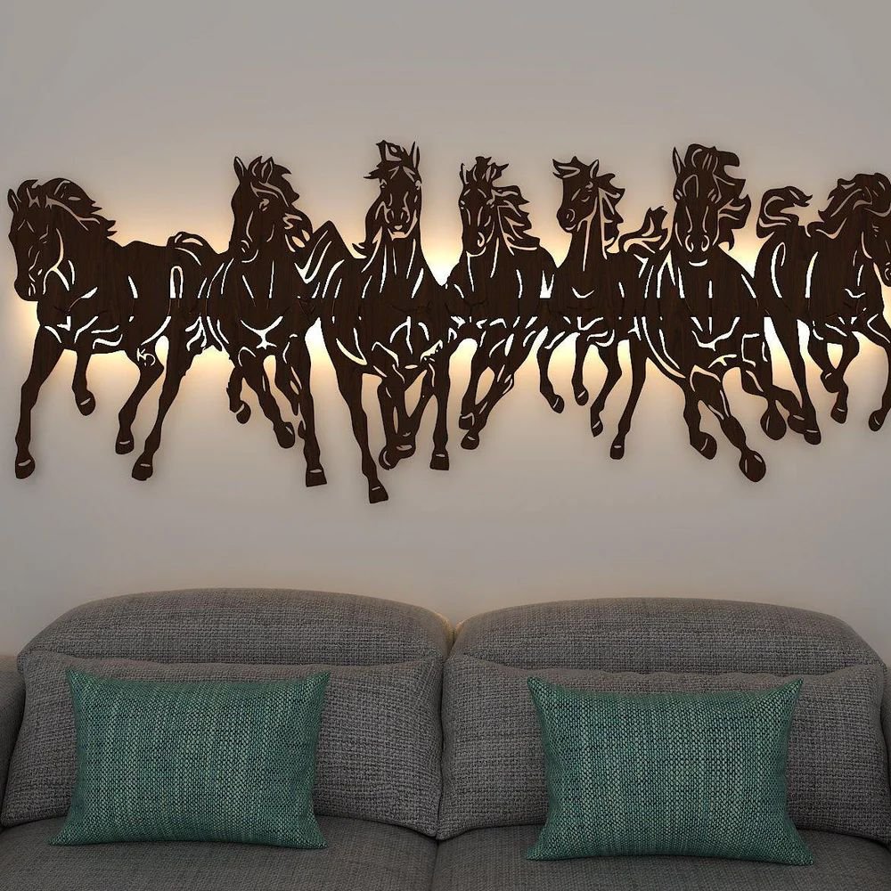 DEKORSTATION Elegance and Harmony in Illuminated Art Seven Running Horses Golden Yellow Backlit Decorative Wooden Wall Hanging Art for Wall Decoration image