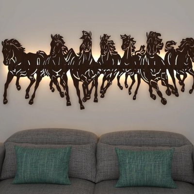 DEKORSTATION Elegance and Harmony in Illuminated Art Seven Running Horses Golden Yellow Backlit Decorative Wooden Wall Hanging Art for Wall Decoration