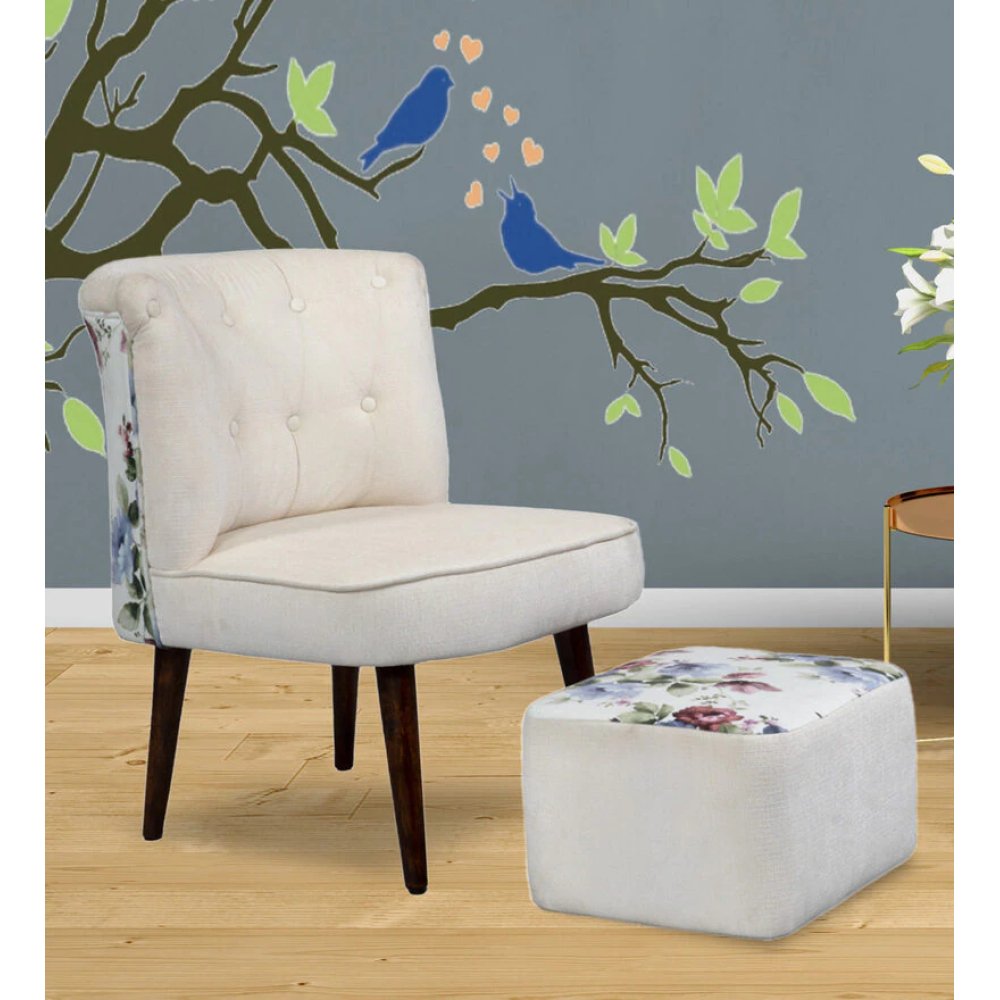 Milano Fabric Slipper Chair in White Color with Foot Stool image