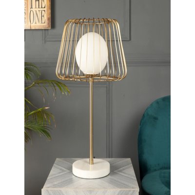 Caged Orb Gold Table Lamp with White Marble Base