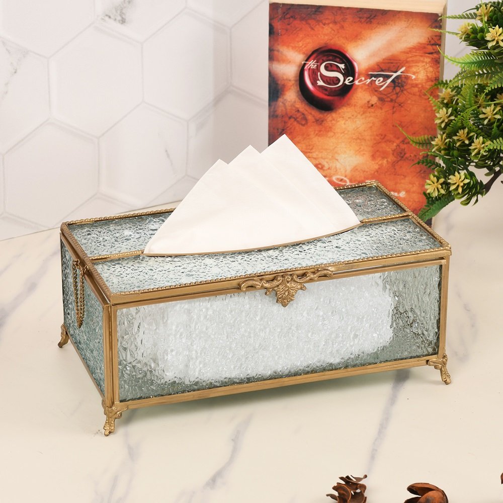 Gleaming Crackle Glass Tissue Box with Antique Brass image