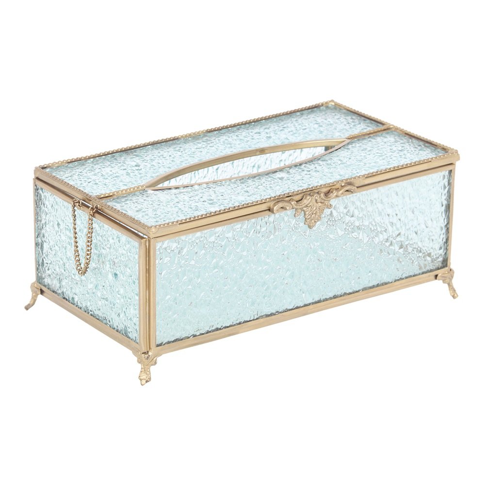 Gleaming Crackle Glass Tissue Box with Antique Brass image