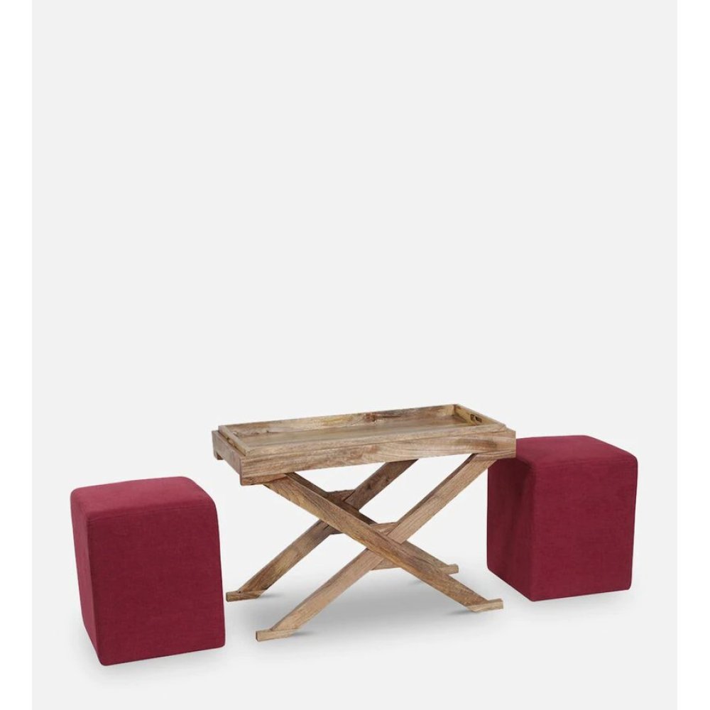 Vaina Sheesham Wood Nesting Coffee Table Set in Natural Finish with 2 stools image