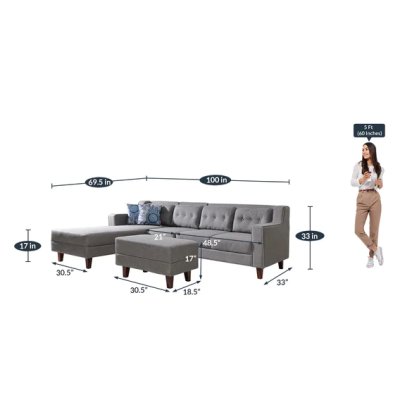Alonis 6 Seater LHS Sectional Sofa In Ottoman Grey Colour image