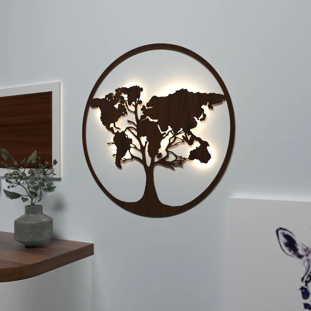 DEKORSTATION Walnut World Map Tree Backlit Decorative Wall Art & Night Light for Indoor Wall Decoration image